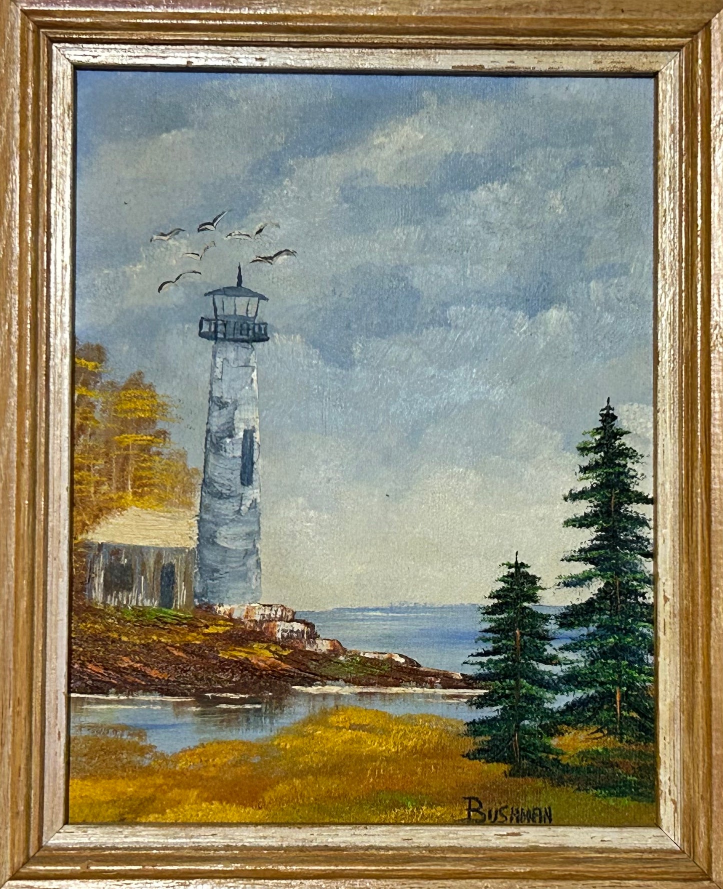Vintage Lighthouse Coastal Seascape Framed Oil Painting on Masonite Board Signed Bushman