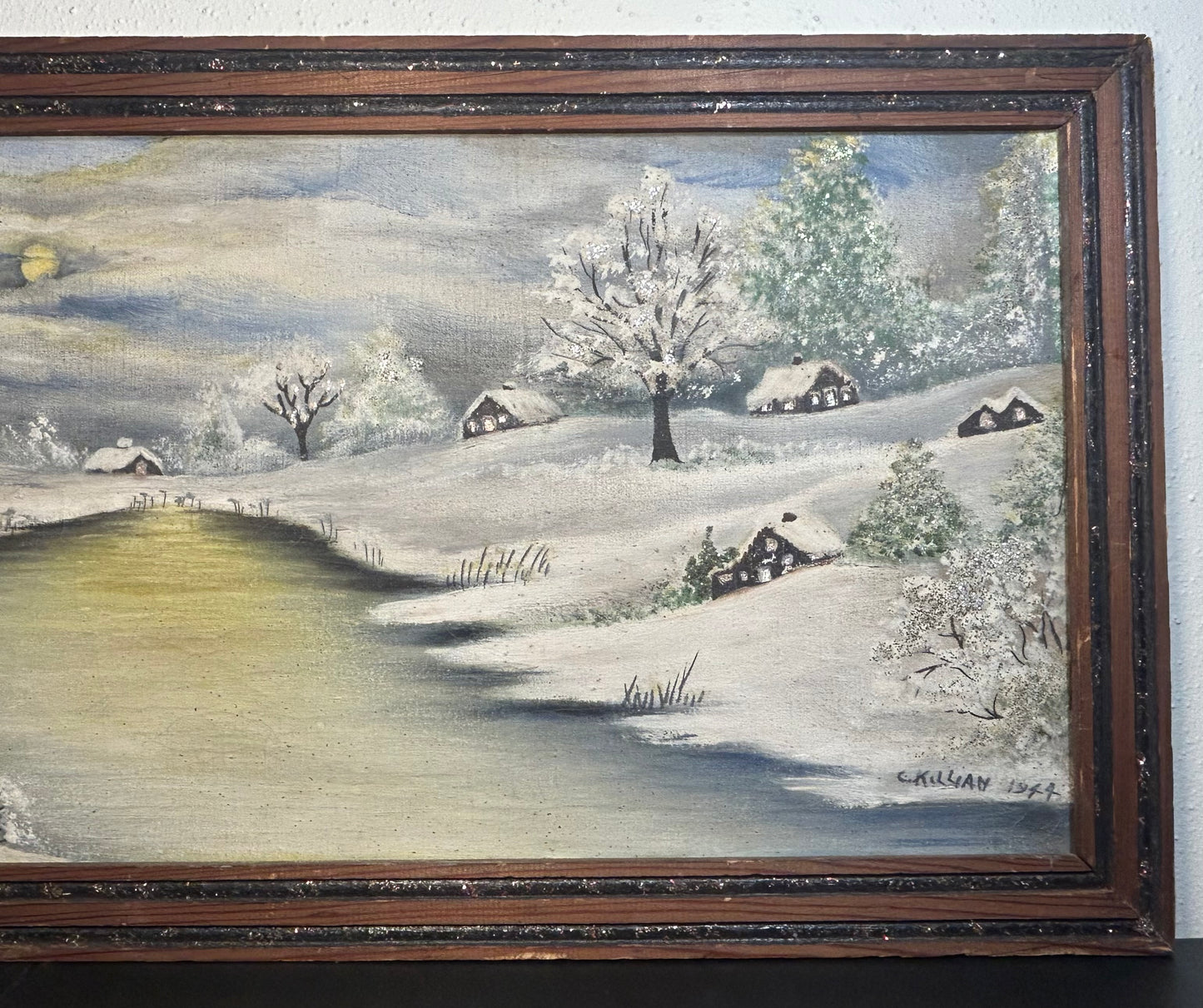 1944 American Folk Art Style Winter Landscape Framed Glitter Embellished Oil Painting by Clarence Killian (Indiana)
