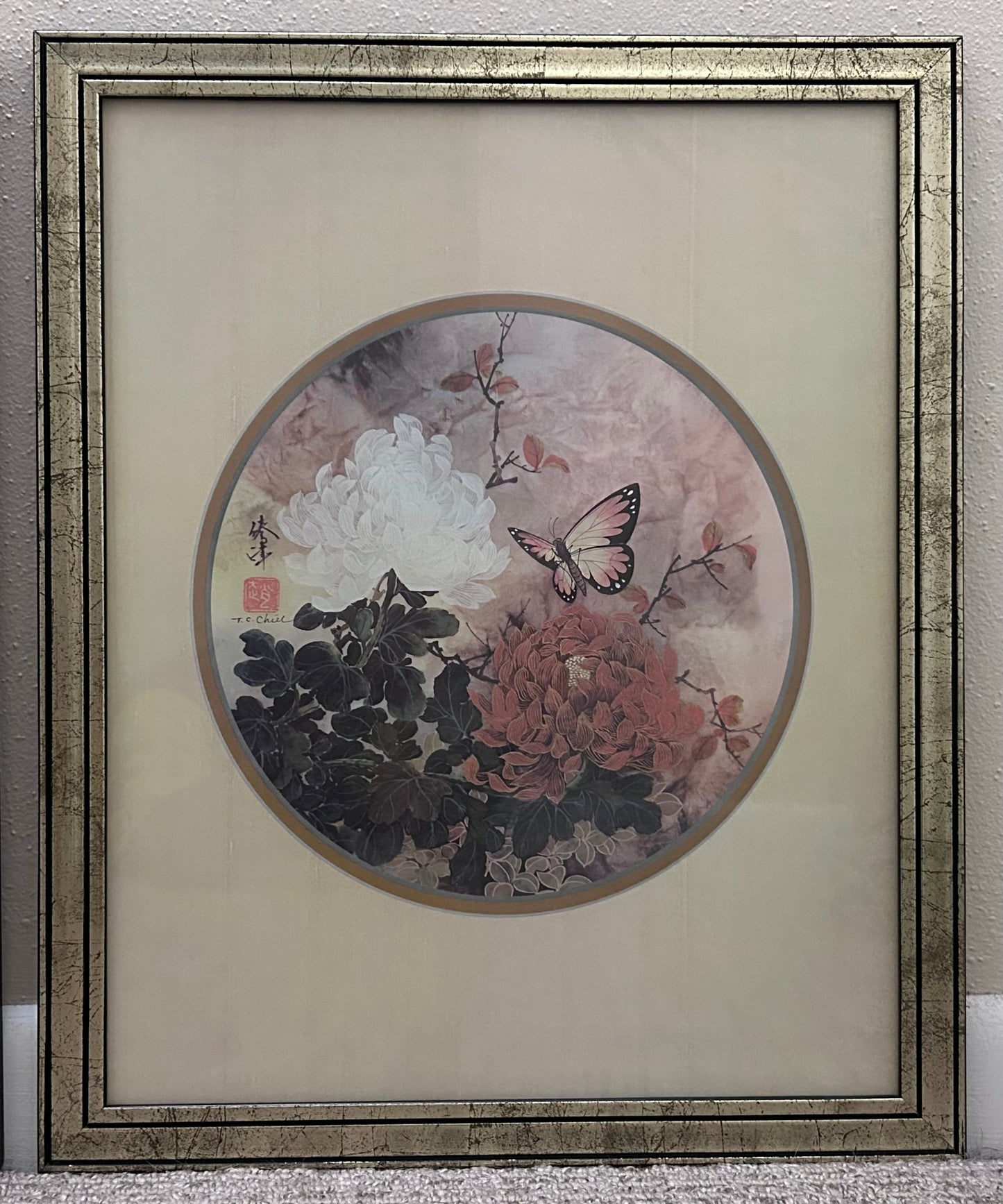 Set of 2 Vintage 1980’s Windsor Art Products Oriental Flowers with Butterflies Framed Prints by T.C. Chiu
