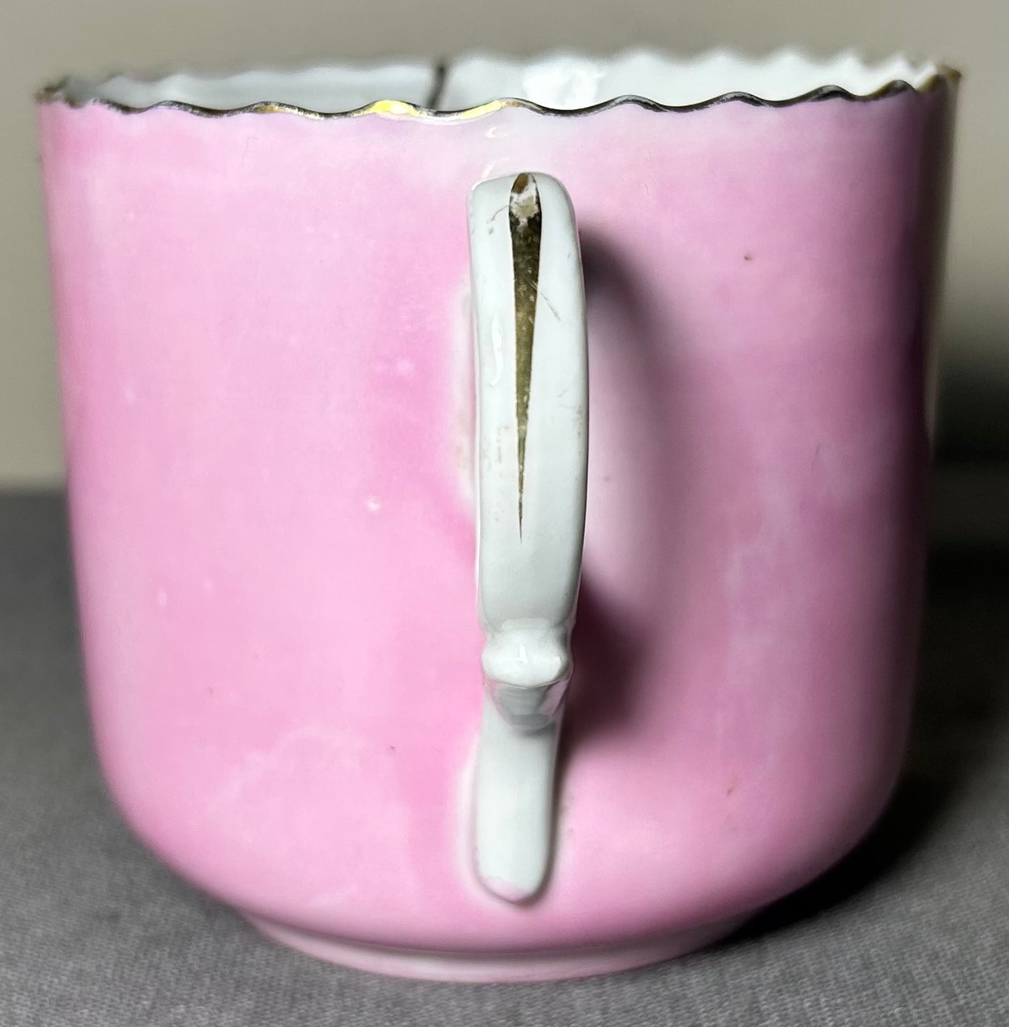 Late 19th Century German Victorian Schlesische Porzellanfabrik Louis Lövinsohn and P. Donath Gilded Pink Porcelain Mustache Cup and Saucer Set