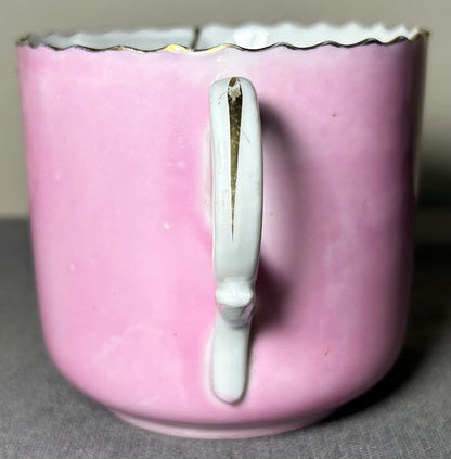 Late 19th Century German Victorian Schlesische Porzellanfabrik Louis Lövinsohn and P. Donath Gilded Pink Porcelain Mustache Cup and Saucer Set