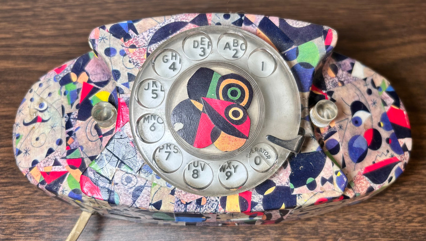 Vintage Late 1970’s/Early 1980’s American Joan Miro Art Style Decoupage Western Electric CS702BM Rotary Dial Desk Telephone