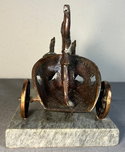 Vintage Circa 1960’s Greek Mythology Achilles with War Chariot Bronze Patinated Spelter Statue on Grey/White Marble Base Made in Greece