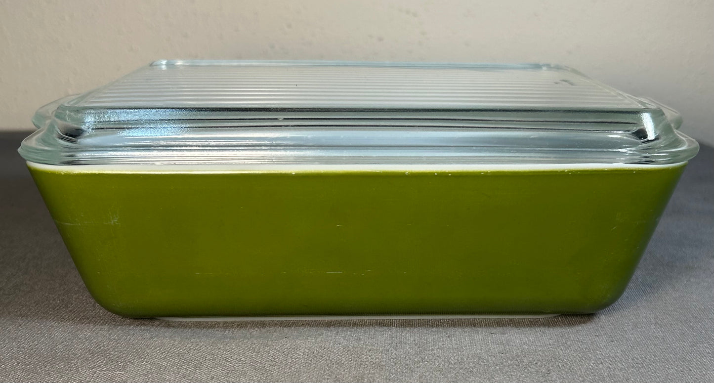 Vintage Circa 1970 American Pyrex 503 Verde Green 1 1/2 Quart Refrigerator Dish with Glass Ribbed Lid