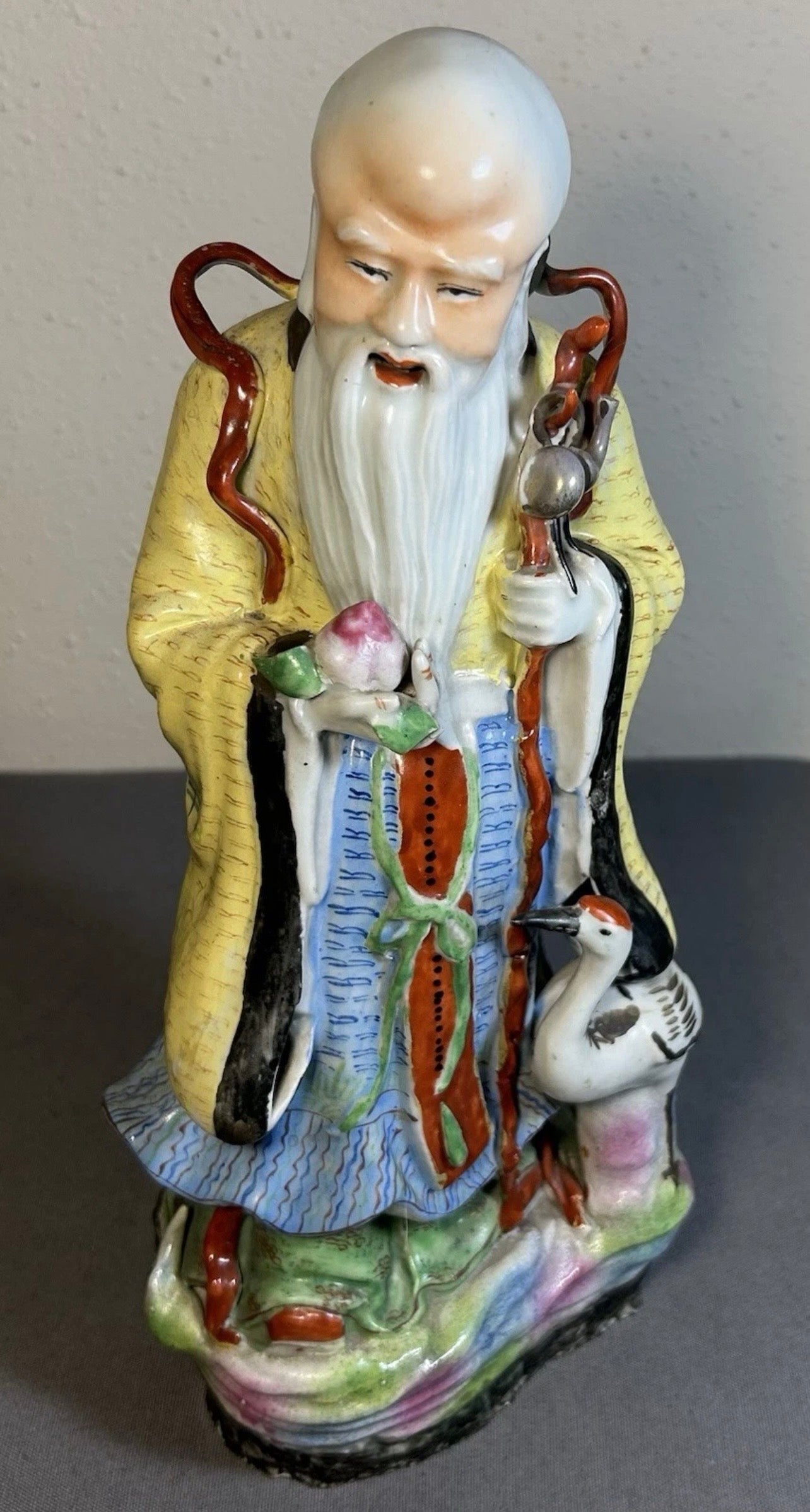 1920’s Chinese Famille Rose Porcelain Taoist Shou Lao God of Longevity Hand-Painted Statue (Early Republic Period)