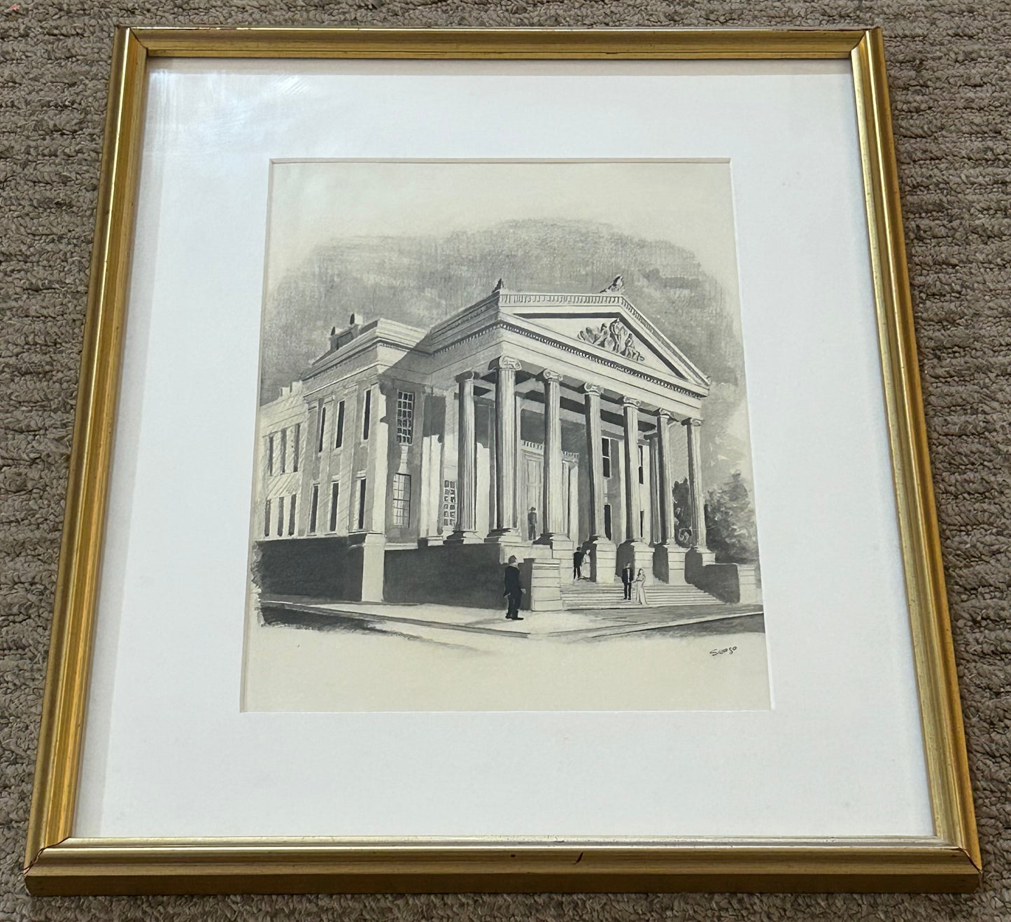 Vintage Robert Seago - “New Orleans Gallier Hall Mardi Gras Ball Arrival Scene” Framed Signed Pencil/Graphite Drawing (20th Century) (New Orleans, Louisiana)