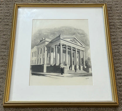 Vintage Robert Seago - “New Orleans Gallier Hall Mardi Gras Ball Arrival Scene” Framed Signed Pencil/Graphite Drawing (20th Century) (New Orleans, Louisiana)