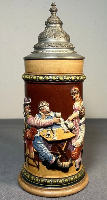 Early 20th Century German Westerwald-Style Stoneware High-Relief Tavern Scene Motif Lidded Stein