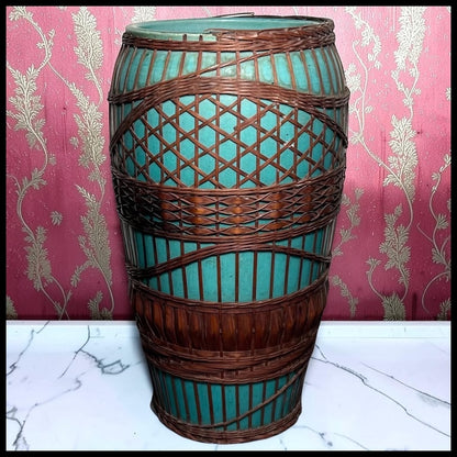 Circa 1930 Japanese Kyoto Awaji Pottery Turquoise Split-Bamboo Wrapped Baluster Vase (Early Showa Period)