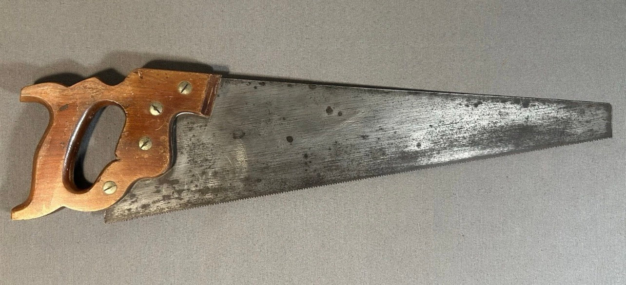 Vintage 1950’s American Henry Disston & Sons 20-Inch Chrome-Nickel Alloy Steel Metal Blade/Carved Applewood Wheat Design Handle D-23 Model Panel Saw with Medallion