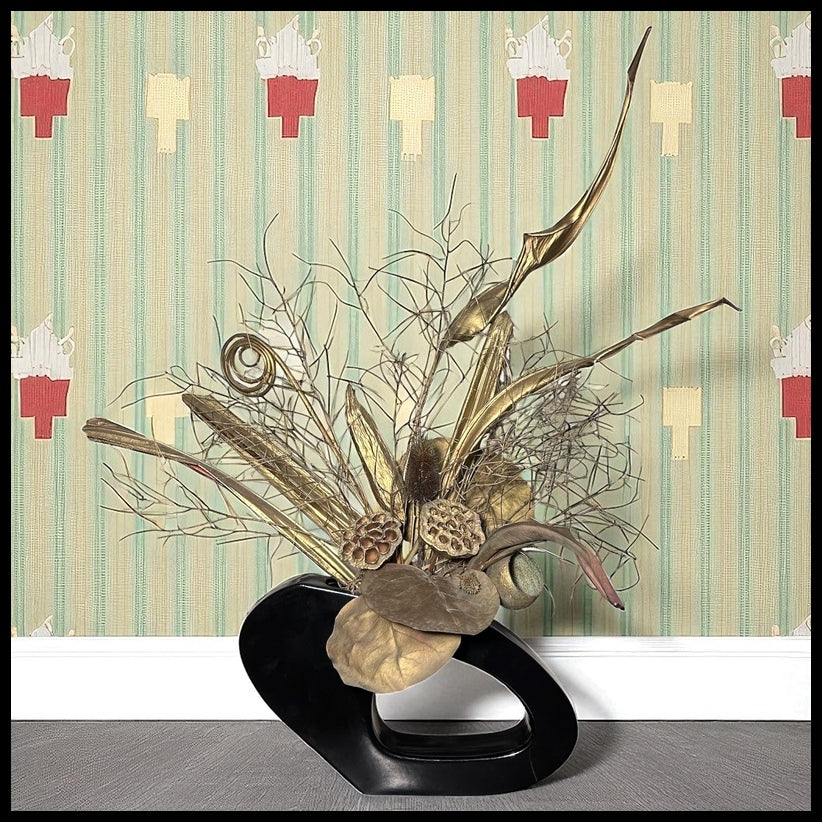 Vintage 1980’s American Post-Modern Gold Painted Dried Floral Arrangement Set in Black Ceramic Freeform Ring Vase