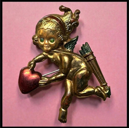 Vintage 1960’s American Gold Tone Metal Cupid Sweetheart Brooch Pin