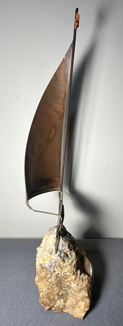 Vintage 1970’s American Brutalist Welded Copper/Brass Metal Sailboat on Stone Base Sculpture by Bijan Bahar
