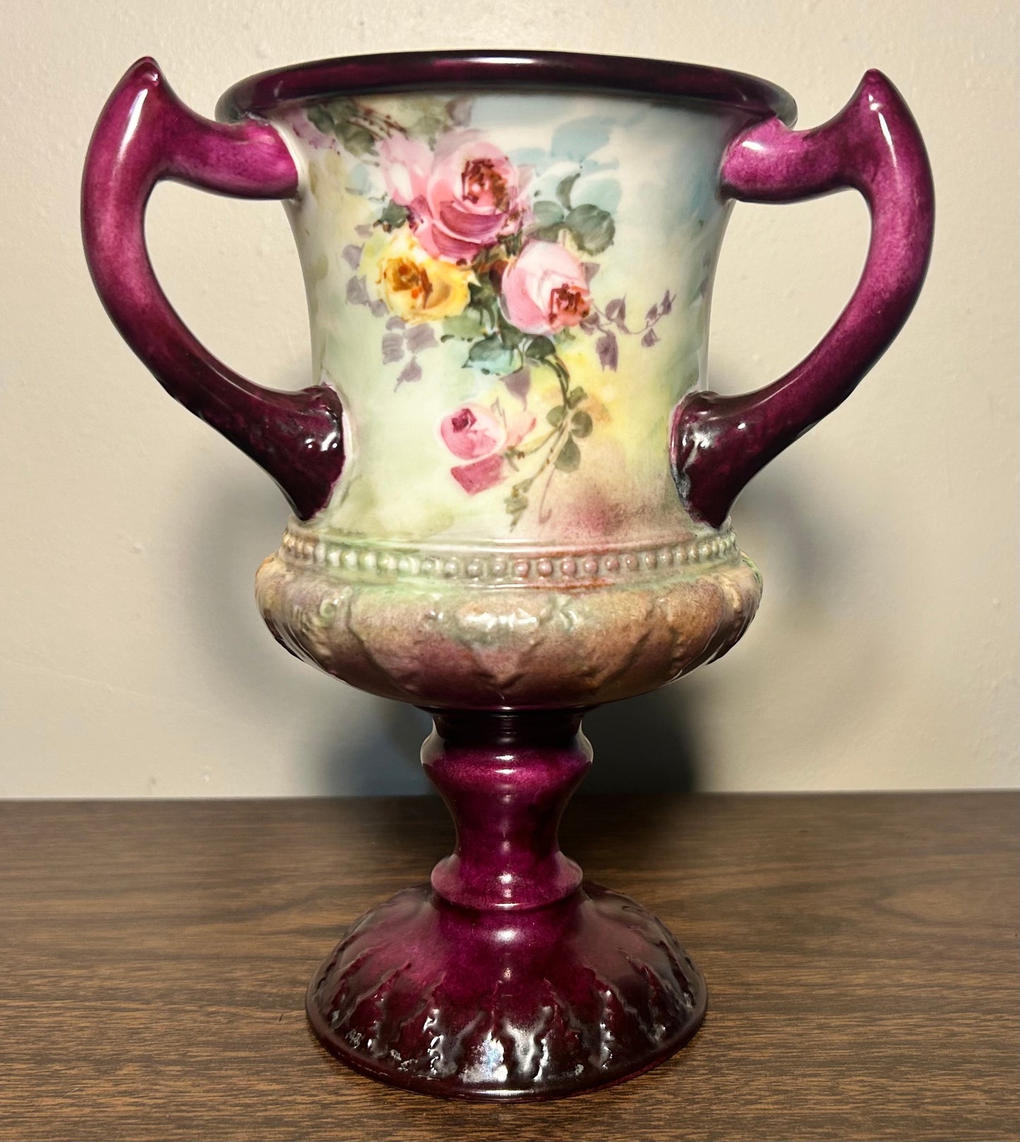 1889-1906 American Ceramic Art Studio Belleek Porcelain Hand Painted Rose Motifs Loving Cup Vase