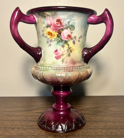 1889-1906 American Ceramic Art Studio Belleek Porcelain Hand Painted Rose Motifs Loving Cup Vase
