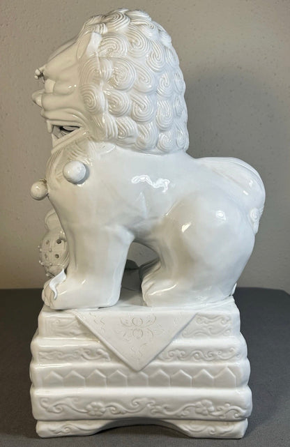 Vintage 1980’s Chinese Dehua Blanc de Chine Porcelain Male Foo Dog Guardian Lion Statue