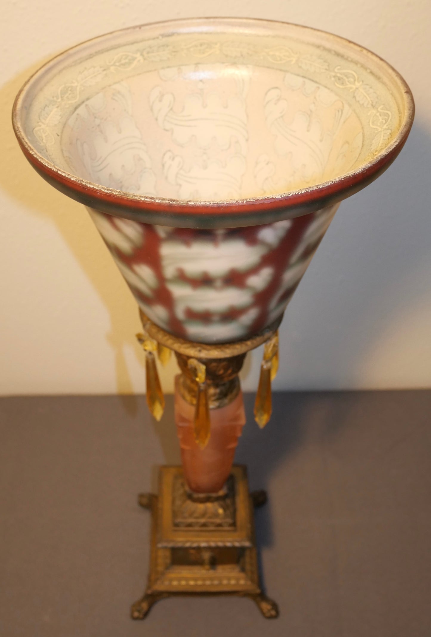 Circa 1920 American Art Deco Gilded Metal Lion's Paw Foot/Pink Frosted Glass Base Torchiere Table Lamp with Reverse Painted Frosted Glass Shade and Topaz Glass Hanging Prisms