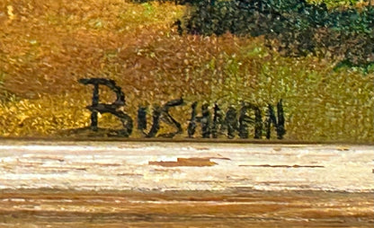 Vintage Lighthouse Coastal Seascape Framed Oil Painting on Masonite Board Signed Bushman