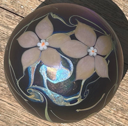 Vintage 1984 English Okra Studio Art Glass Nightshade Floral Motifs Limited Edition Paperweight (No. 3)