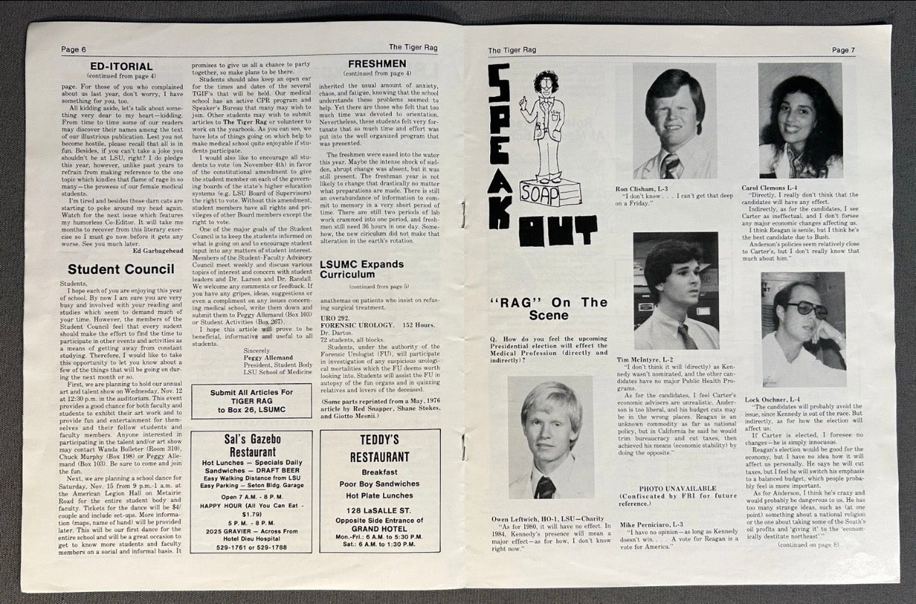 Vintage Louisiana State University School of Medicine The Tiger Rag Satirical Magazine (October 1980)
