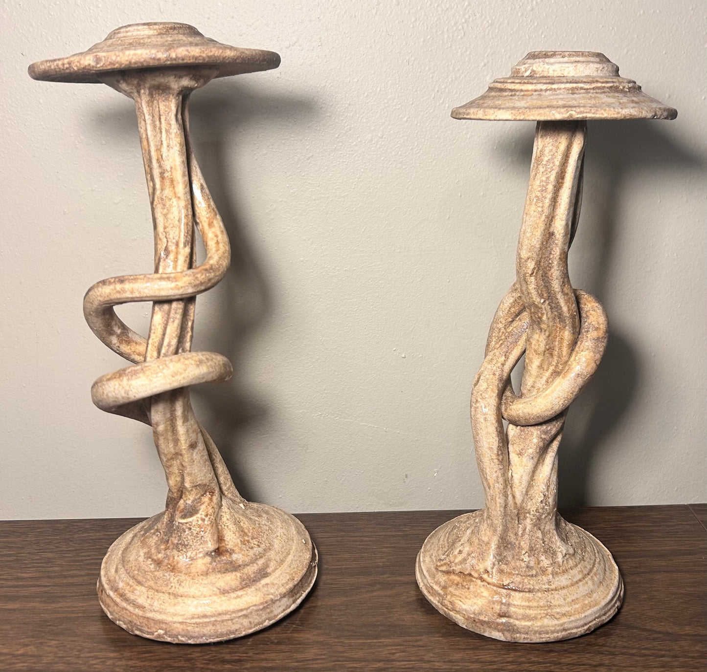 Pair of Contemporary Style Art Pottery Clay Organic Twist Form Candlesticks