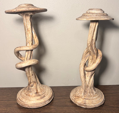 Pair of Contemporary Style Art Pottery Clay Organic Twist Form Candlesticks