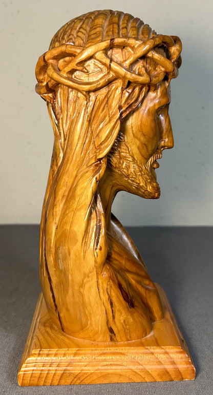 Christian Hand-Carved Holy Land Olive Wood Jesus Christ Bust Sculpture on Wooden Plinth Base Made in Bethlehem, Israel