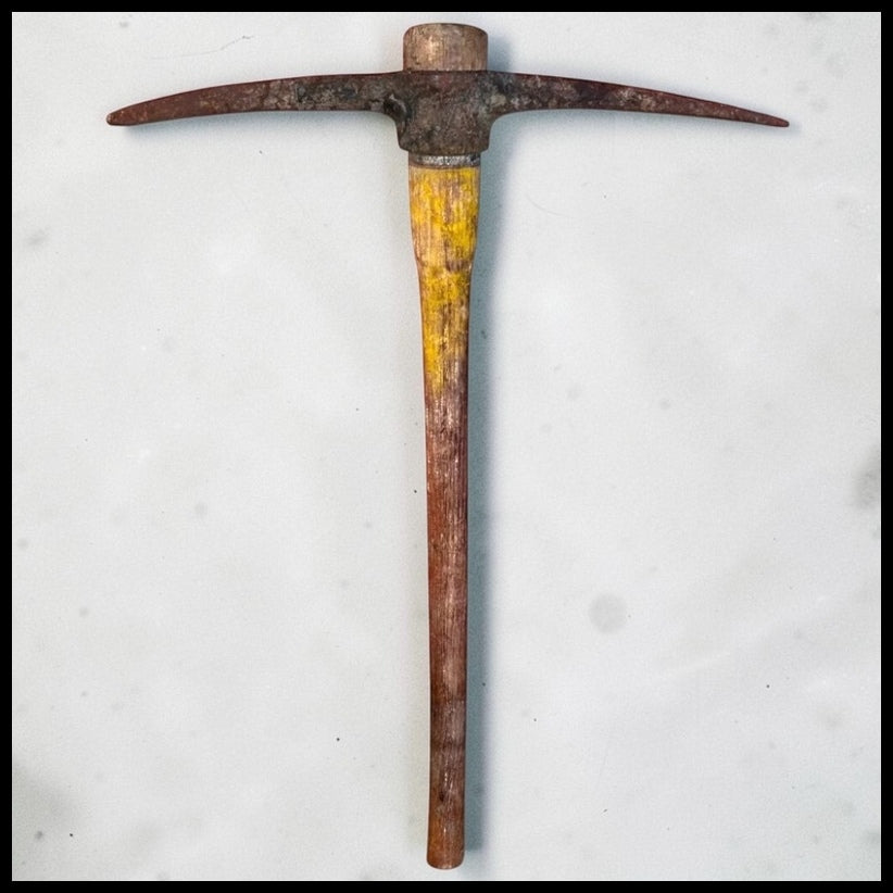 Vintage 1950’s Japanese Hand Forged Cast Iron Head Yellow Painted Wooden Handle Mining Pickaxe Tool