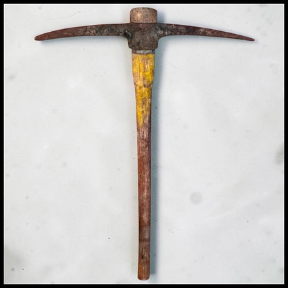 Vintage 1950’s Japanese Hand Forged Cast Iron Head Yellow Painted Wooden Handle Mining Pickaxe Tool