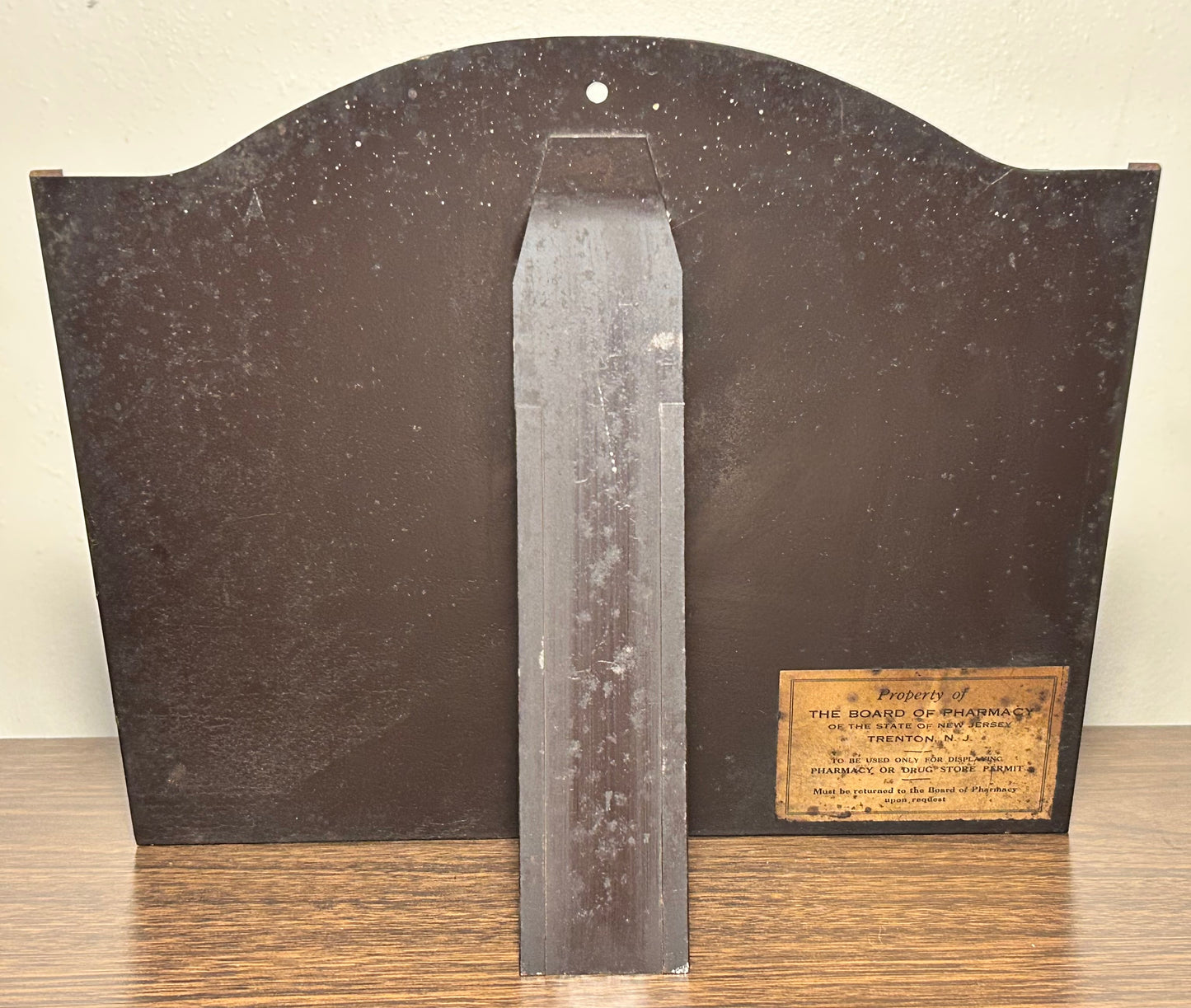 1941-42 American New Jersey Registered Pharmacy Permit in Tin Metal Glass Front Display Frame