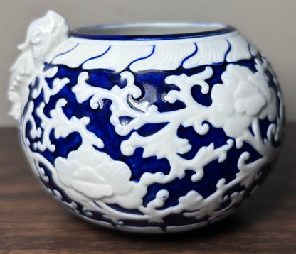 1885 English Victorian Royal Worcester Porcelain Japanesque Style Porcelain Brush Washer Form White/Cobalt Blue Raised Relief Dragon Motif Small Rotund Vase