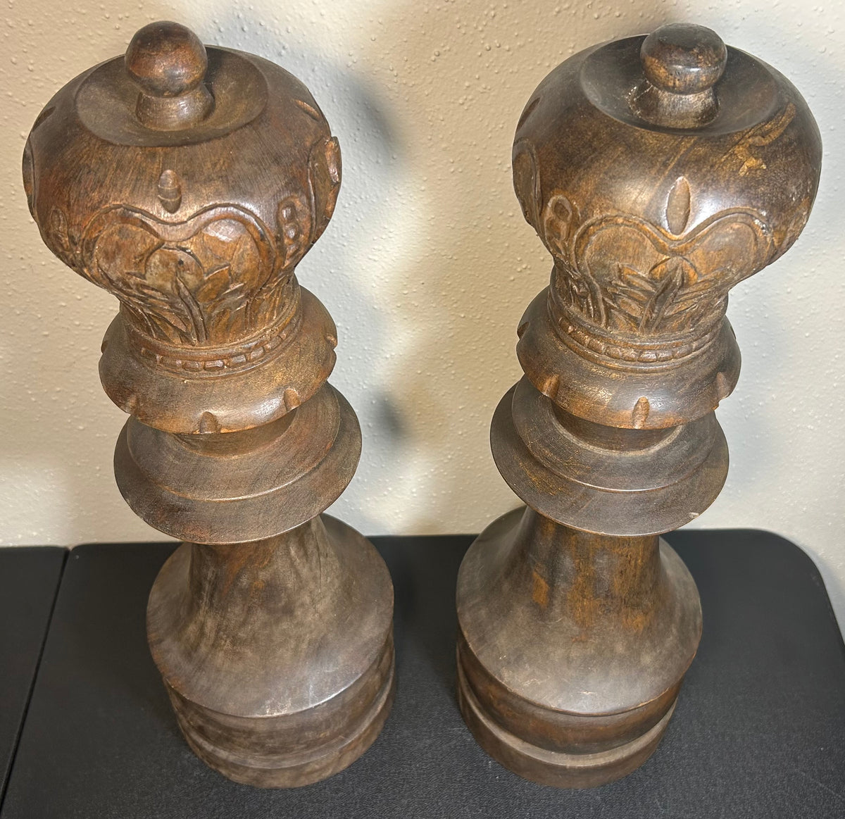 Pair of Vintage 1970’s Monumental Staunton Style Hand-Carved Kamagong Wood Queen Chess Piece Sculptures Made in the Phillipines