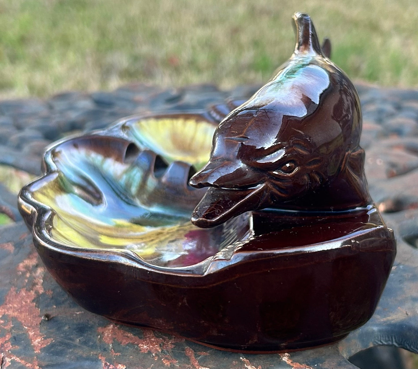 Vintage 1950’s Ceramic Redware Drip Glaze Florida Dolphin Souvenir Ashtray Made in Japan