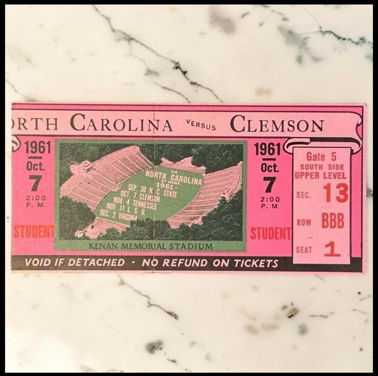 Vintage 1961 North Carolina Tar Heels vs. Clemson Tigers Football Ticket Stub