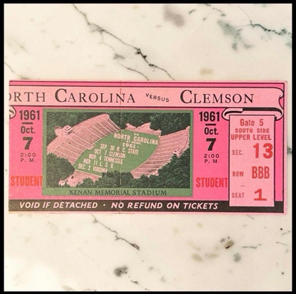 Vintage 1961 North Carolina Tar Heels vs. Clemson Tigers Football Ticket Stub
