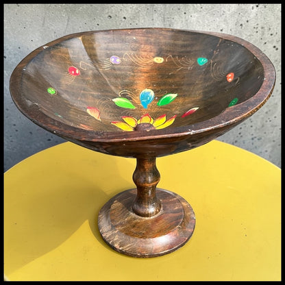 Vintage 1960’s Costa Rican Hand-Painted Floral Motifs Wooden Compote