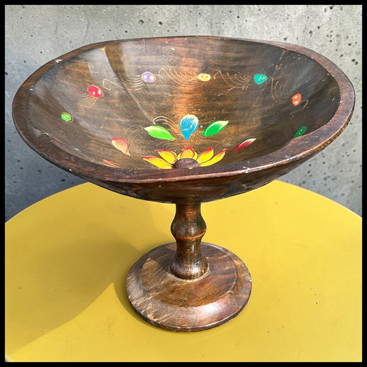 Vintage 1960’s Costa Rican Hand-Painted Floral Motifs Wooden Compote