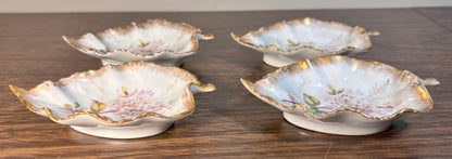 Set of 4 Late 19th Century French Art Nouveau Limoges Bawo & Dotter Elite Gilded Hand-Painted Floral Motifs Leaf-Form Trinket Dishes