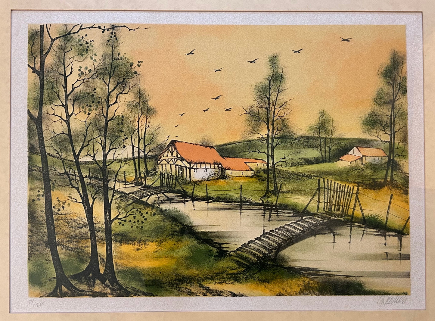 Vintage 1970’s European Pastoral Landscape Framed Limited Edition Lithograph Print (#24/215) (Illegibly Signed)