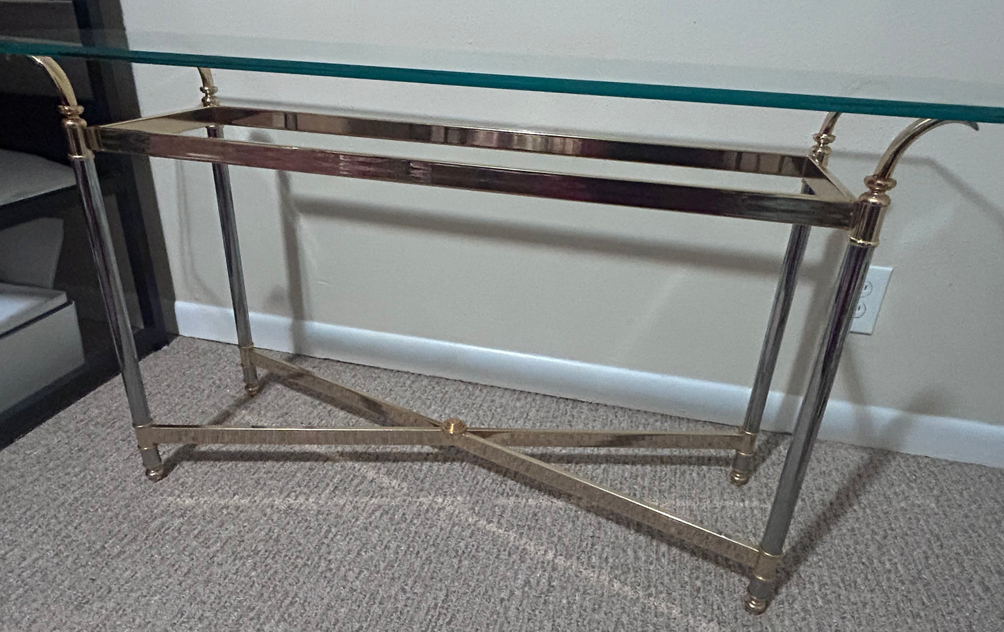 Vintage 1970’s French Maison Jansen Style Brass/Chrome Metal Base Beveled Glass Top Console Table