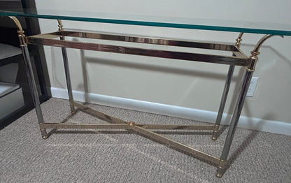 Vintage 1970’s French Maison Jansen Style Brass/Chrome Metal Base Beveled Glass Top Console Table
