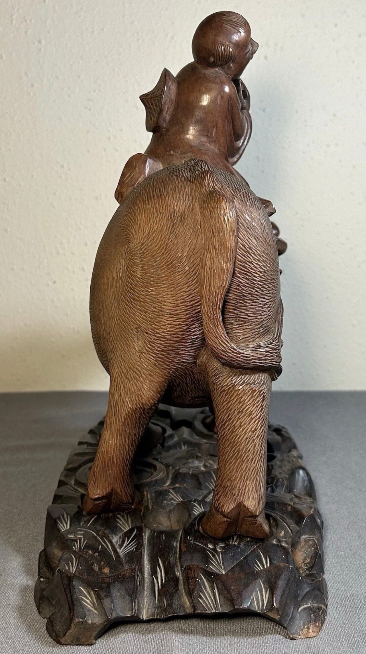1920’s Chinese Young Herdsboy Riding Water Buffalo on Openwork Base Hand-Carved Rosewood Sculpture