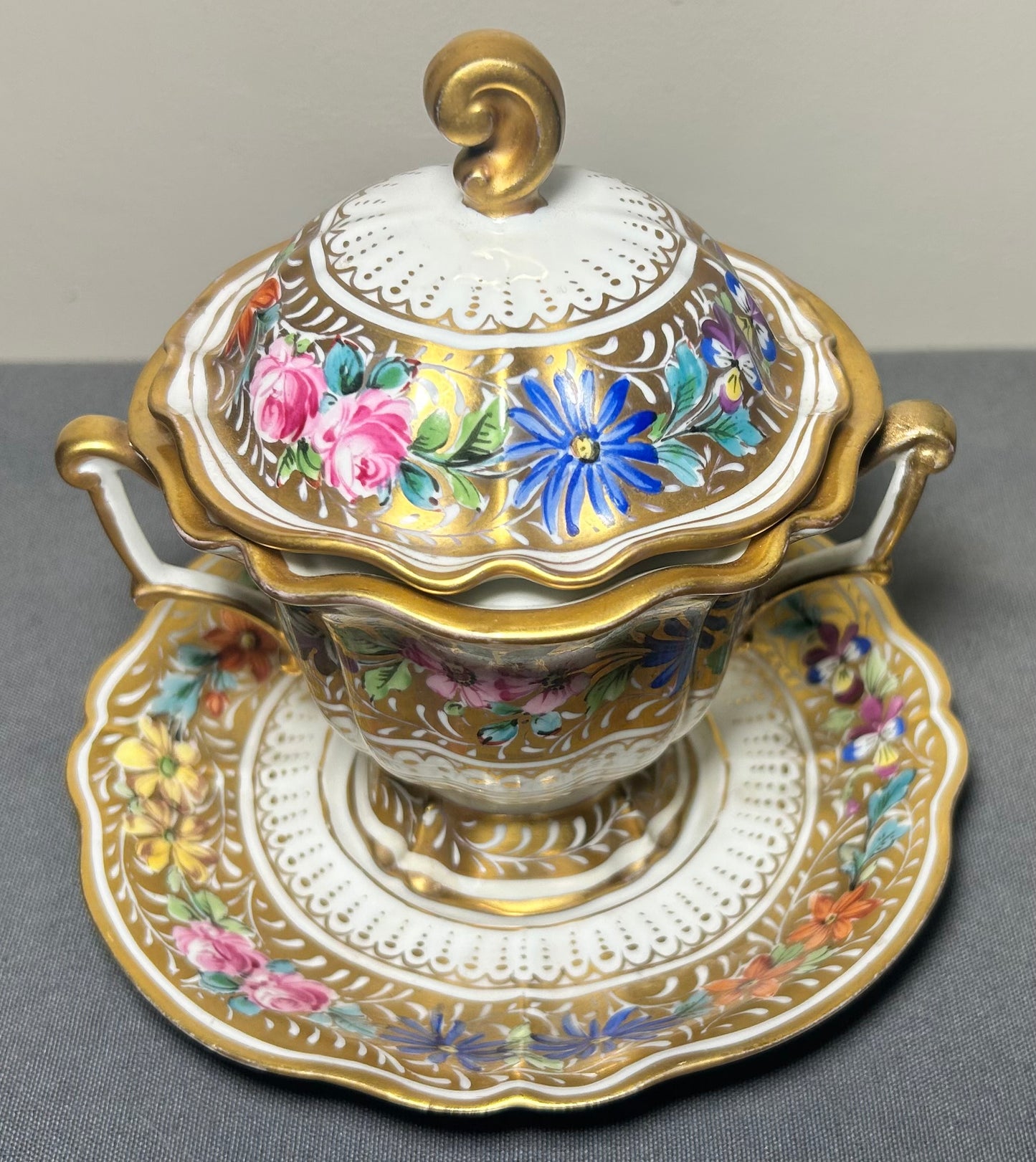 1930’s French Halga Limoges Napoleon III Style Porcelain Hand-Painted Gilded Floral Motifs Footed Chocolate Pot with Underplate