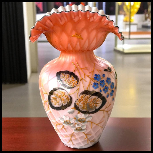 Late 19th Century Bohemian Victorian Harrach Pink/White Cased Glass Quilted Diamond Pattern Hand-Painted Floral/Butterfly Motifs Crimped Rim Bulbous Fan Vase