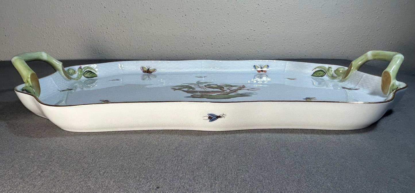 Vintage Circa 1970 Hungarian Herend Porcelain Hand-Painted Rothschild Bird Pattern Scalloped Rim Handled Rectangular Serving Tray