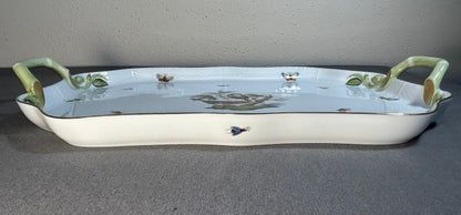 Vintage Circa 1970 Hungarian Herend Porcelain Hand-Painted Rothschild Bird Pattern Scalloped Rim Handled Rectangular Serving Tray