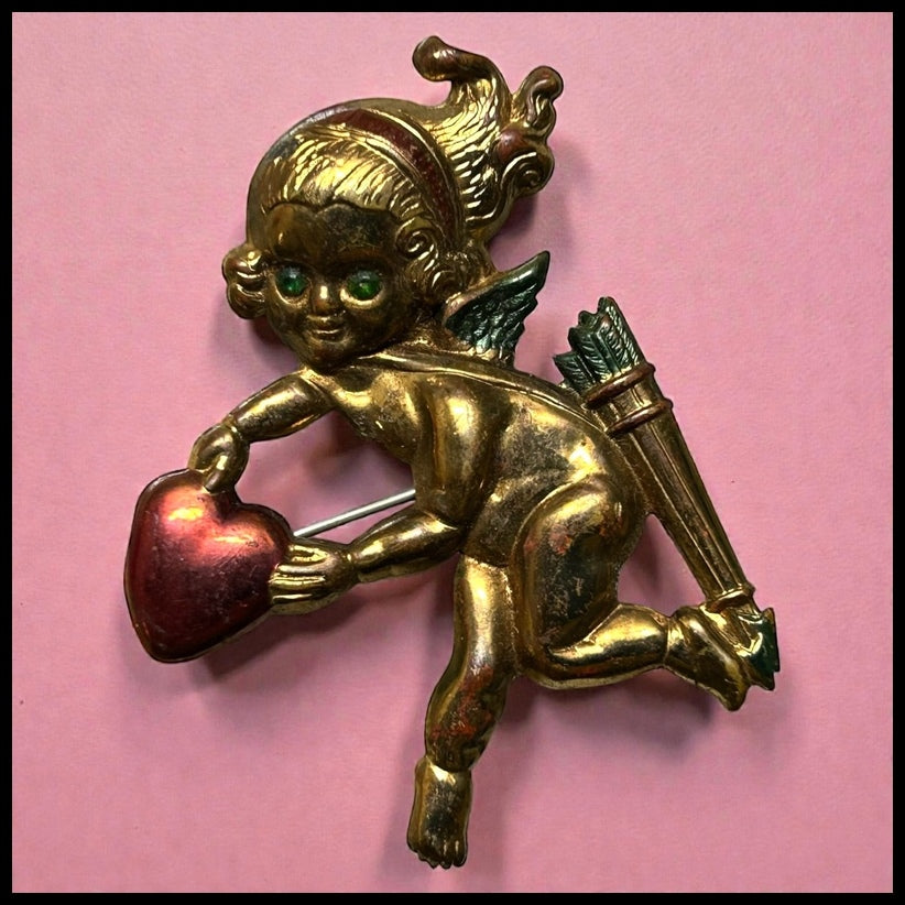 Vintage 1960’s American Gold Tone Metal Cupid Sweetheart Brooch Pin