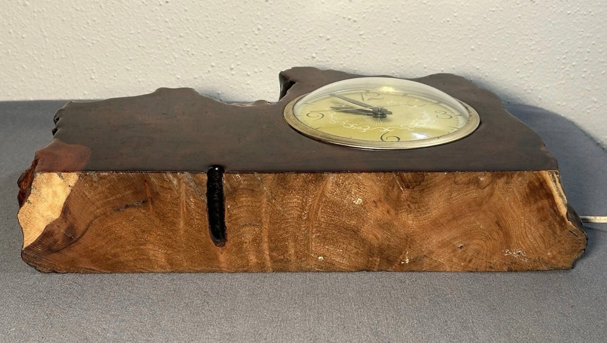 Vintage 1950’s American Mid Century Modern Lanshire Movement Live-Edge Burl Slab Electric Mantel Clock