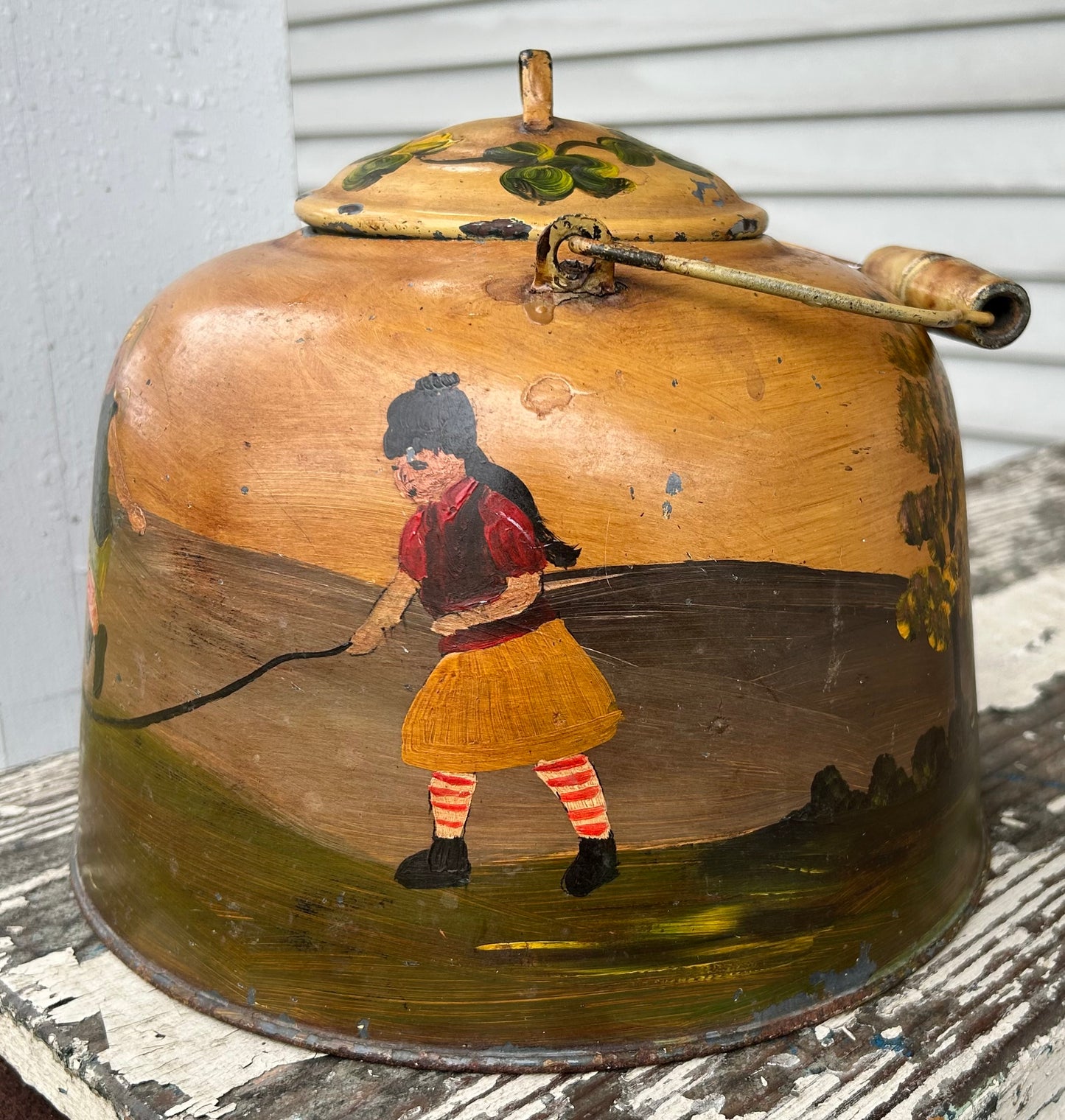 Vintage Mid 20th Century American Primitive Folk Art Hand-Painted Toleware Girls Jumping Rope in Countryside Landscape Motif Metal Coffee Kettle Signed Elliott