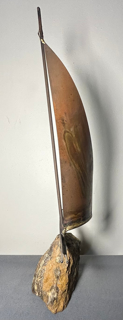 Vintage 1970’s American Brutalist Welded Copper/Brass Metal Sailboat on Stone Base Sculpture by Bijan Bahar